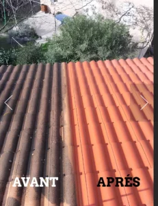 vue d'une toiture avant et après le lavage à l'hydrofuge à Cheval Blanc